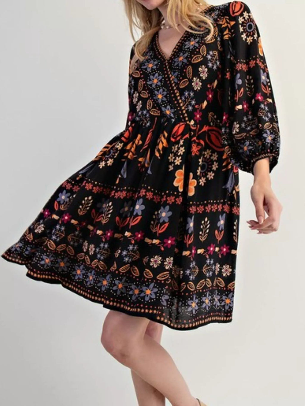 Bohemian Floral Print Long Sleeve Mini Dress