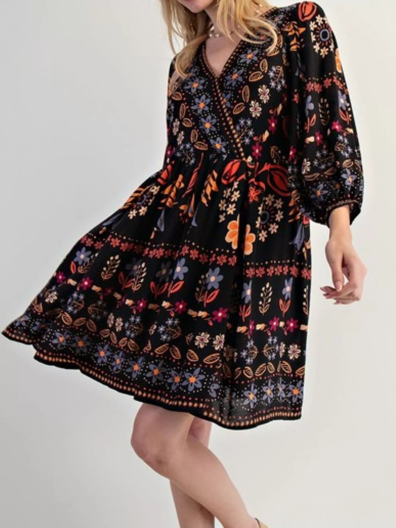 Bohemian Floral Print Long Sleeve Mini Dress