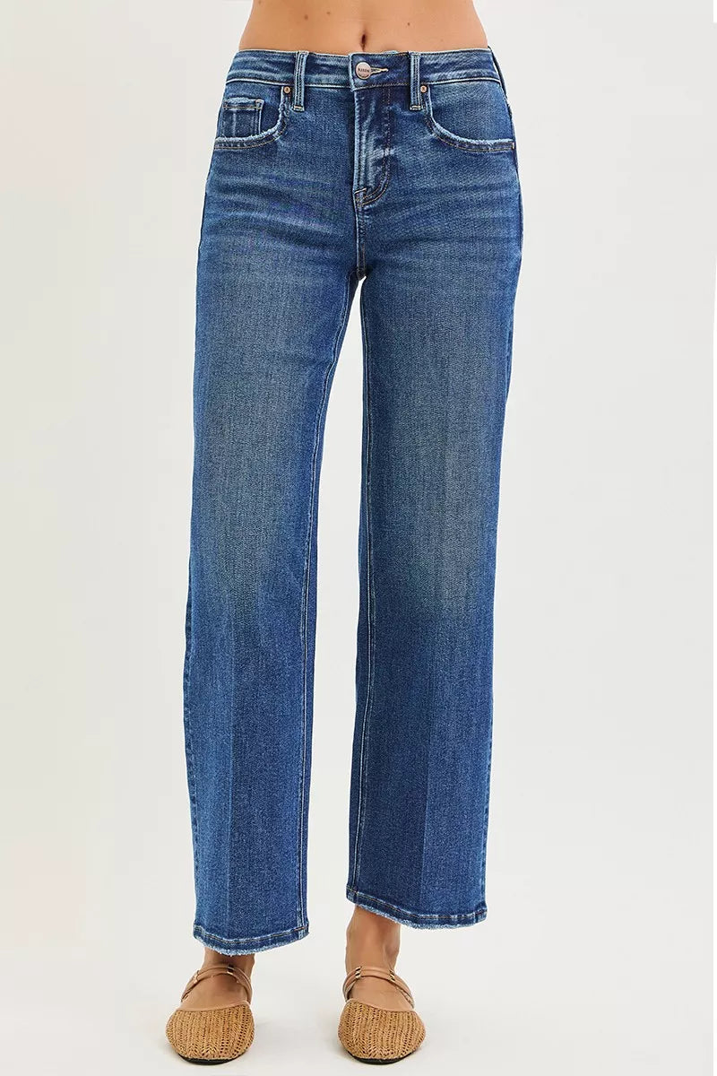 RISEN Tummy Control High Rise Ankle Straight Jeans with Crease Line