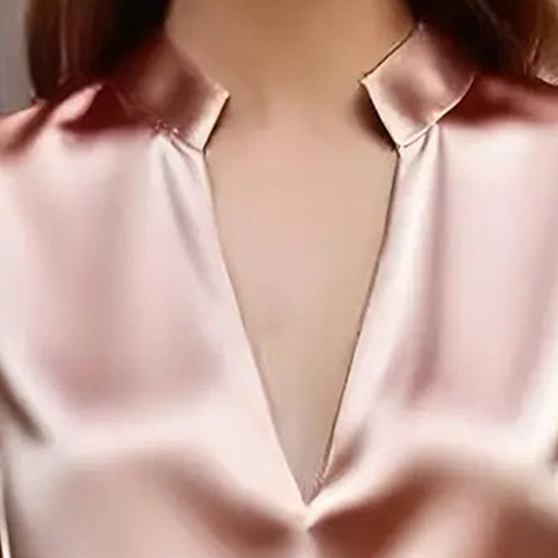 Women’s Satin V-Neck Long Sleeve Top – Slim Fit Solid Color Blouse