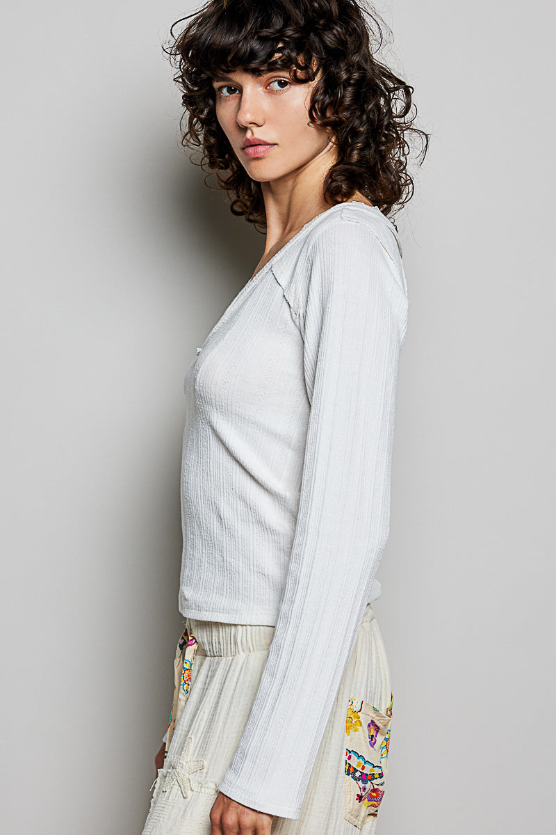 POL V-Neck Long Sleeve Ribbed Top with Lace-Accent Neckband