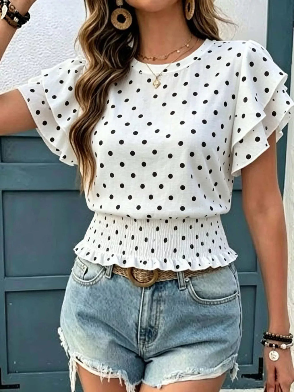 Polka Dot Ruffle Sleeve Blouse