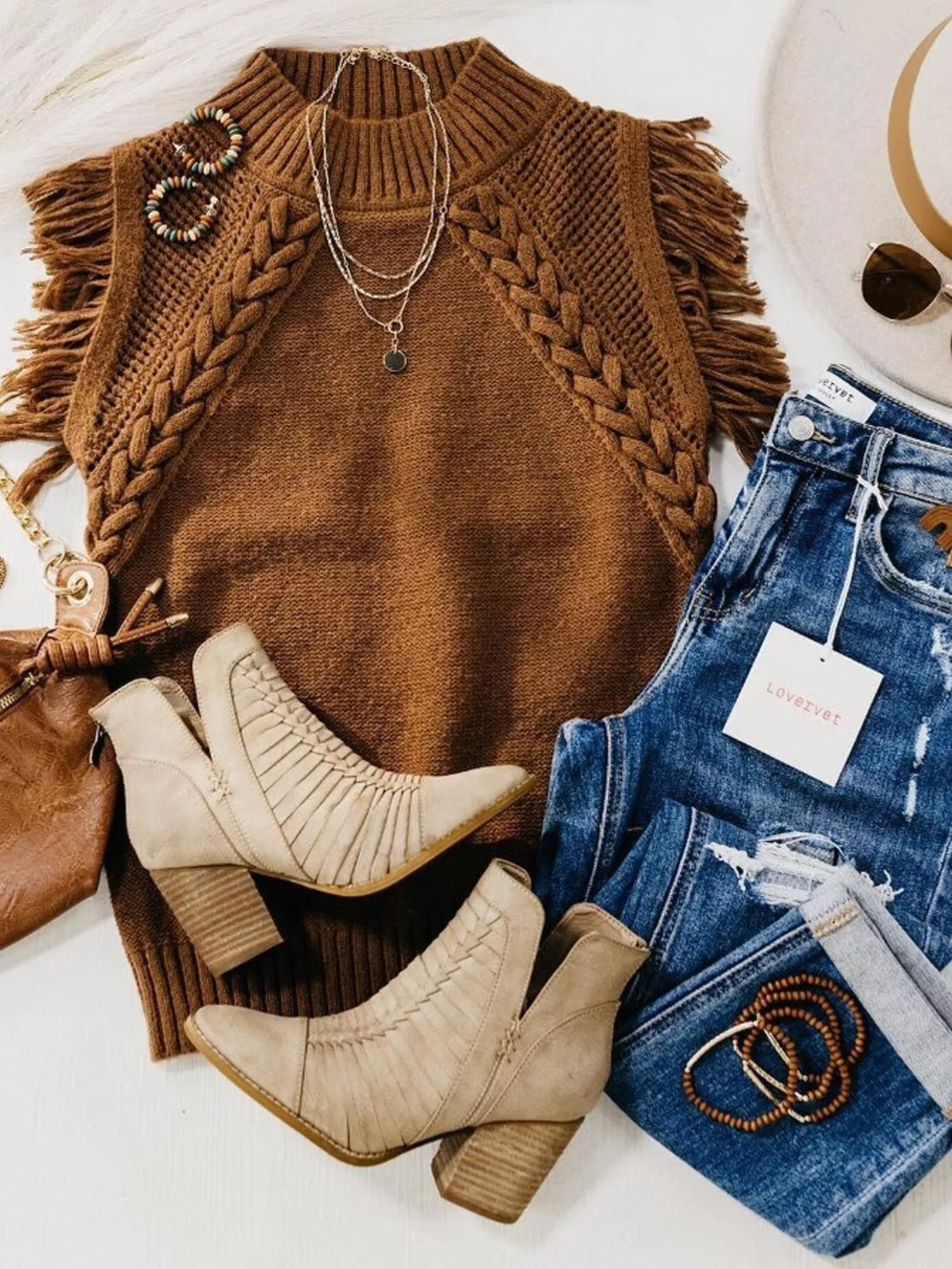 Braided Trim Fringe Sweater Top