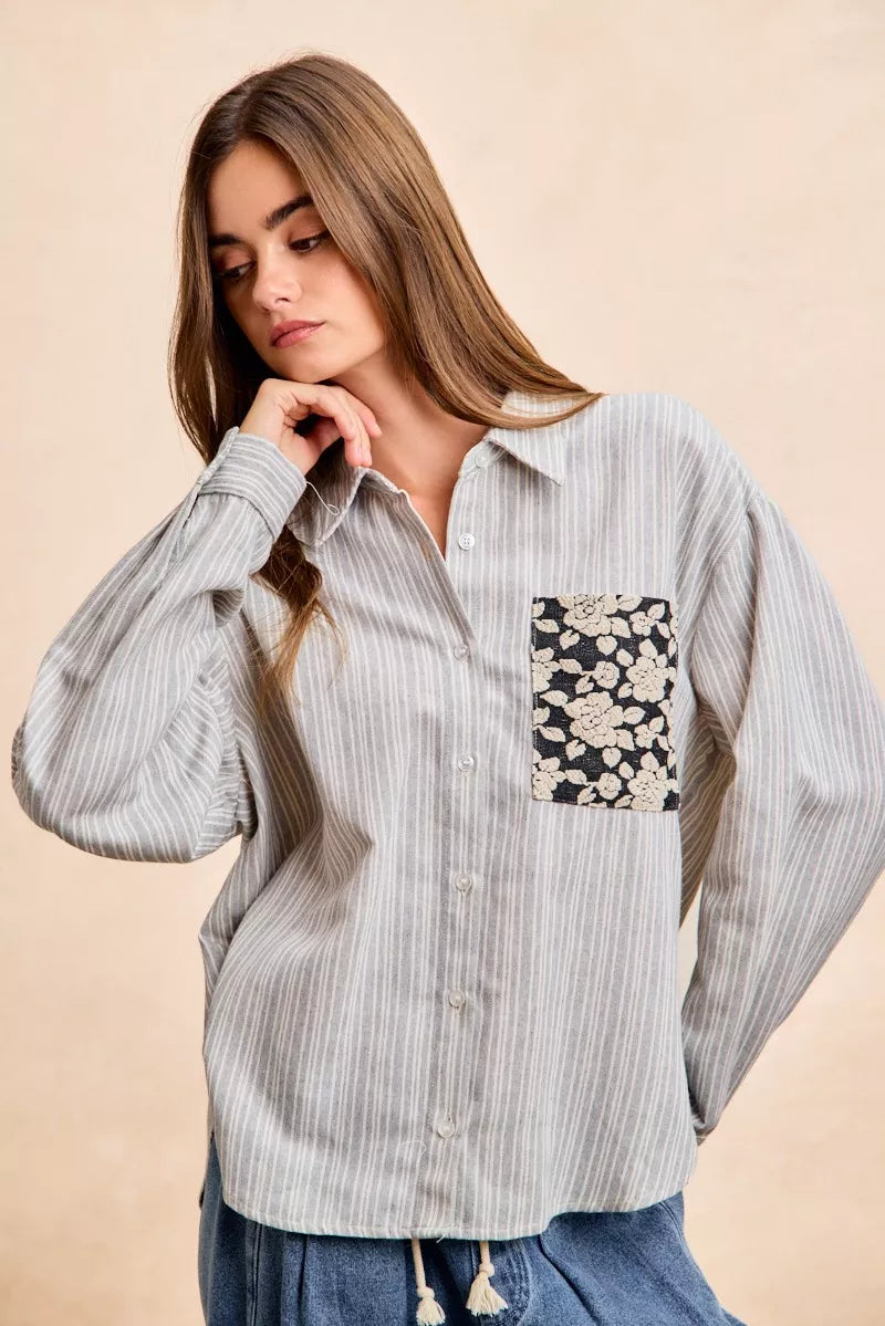BiBi Flower Jacquard Knit Patch Pocket Stripe Shirt