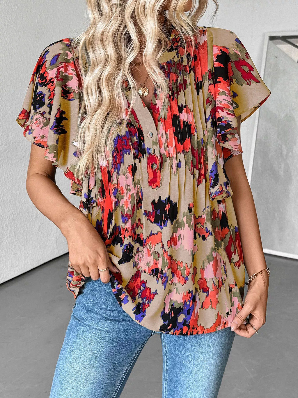 Abstract Print Flutter Sleeve Blouse