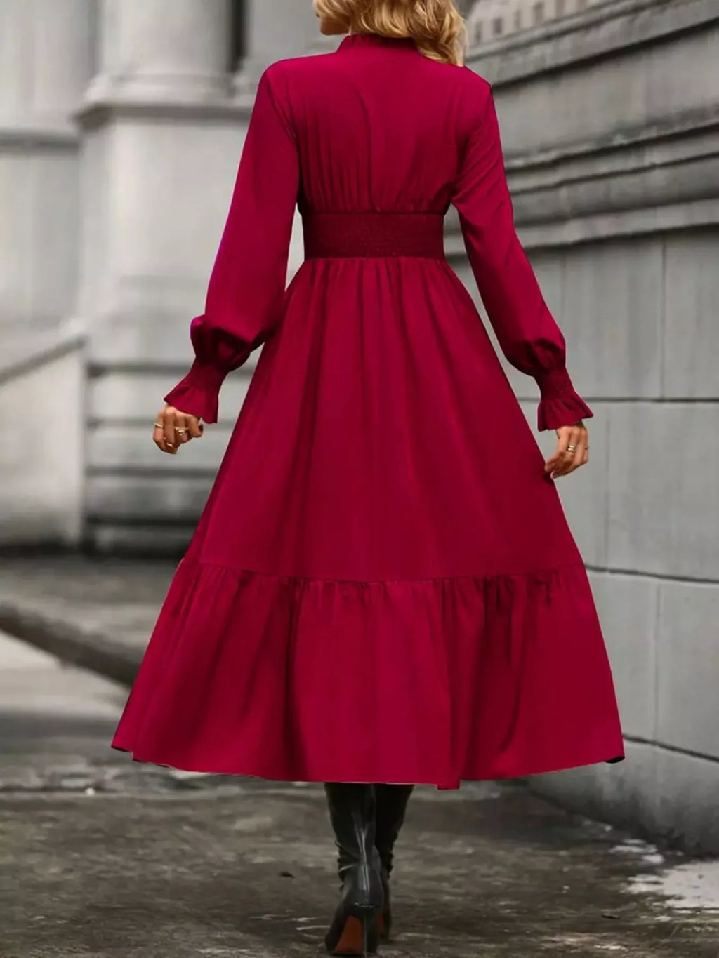 Surplice Long Sleeve Tiered Midi Dress