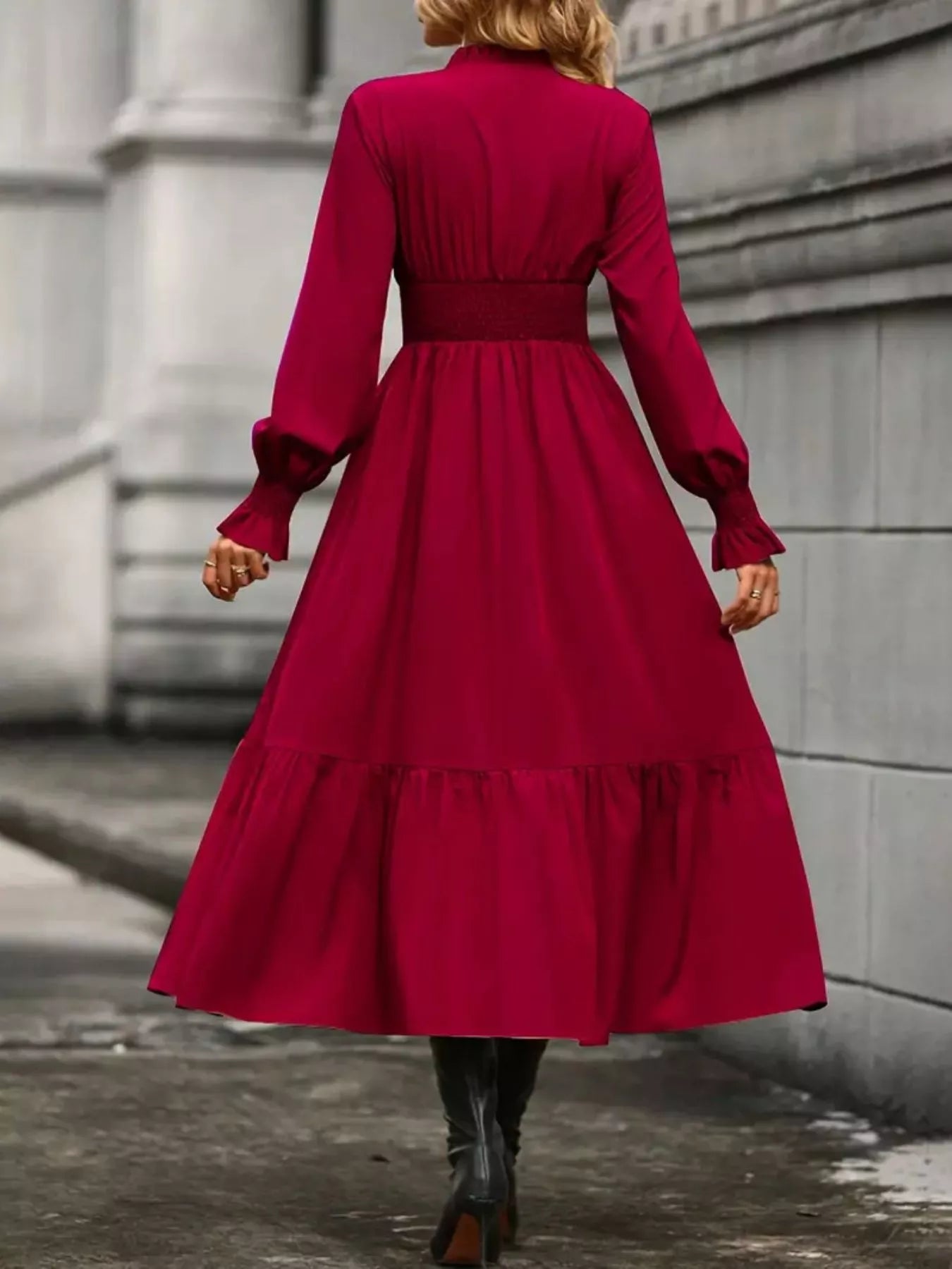Surplice Long Sleeve Tiered Midi Dress