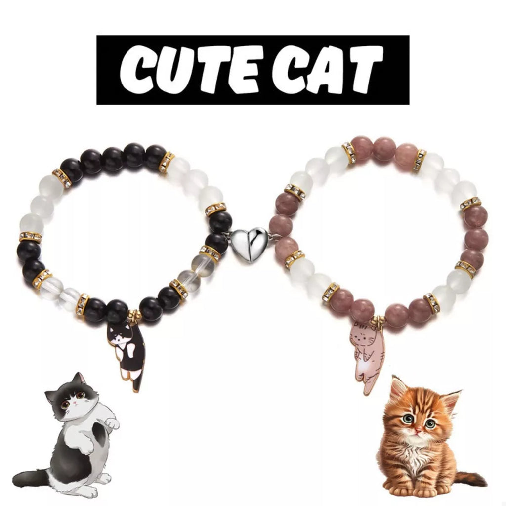 2 Piece Beaded Cat Charm Bracelet