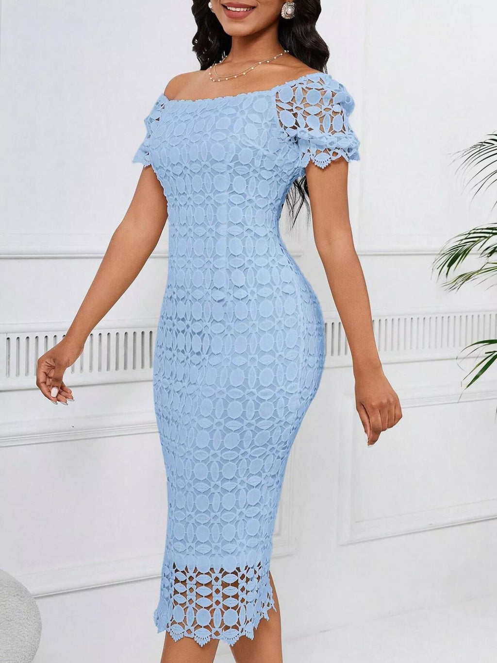 Lace Short Sleeve Midi Dress