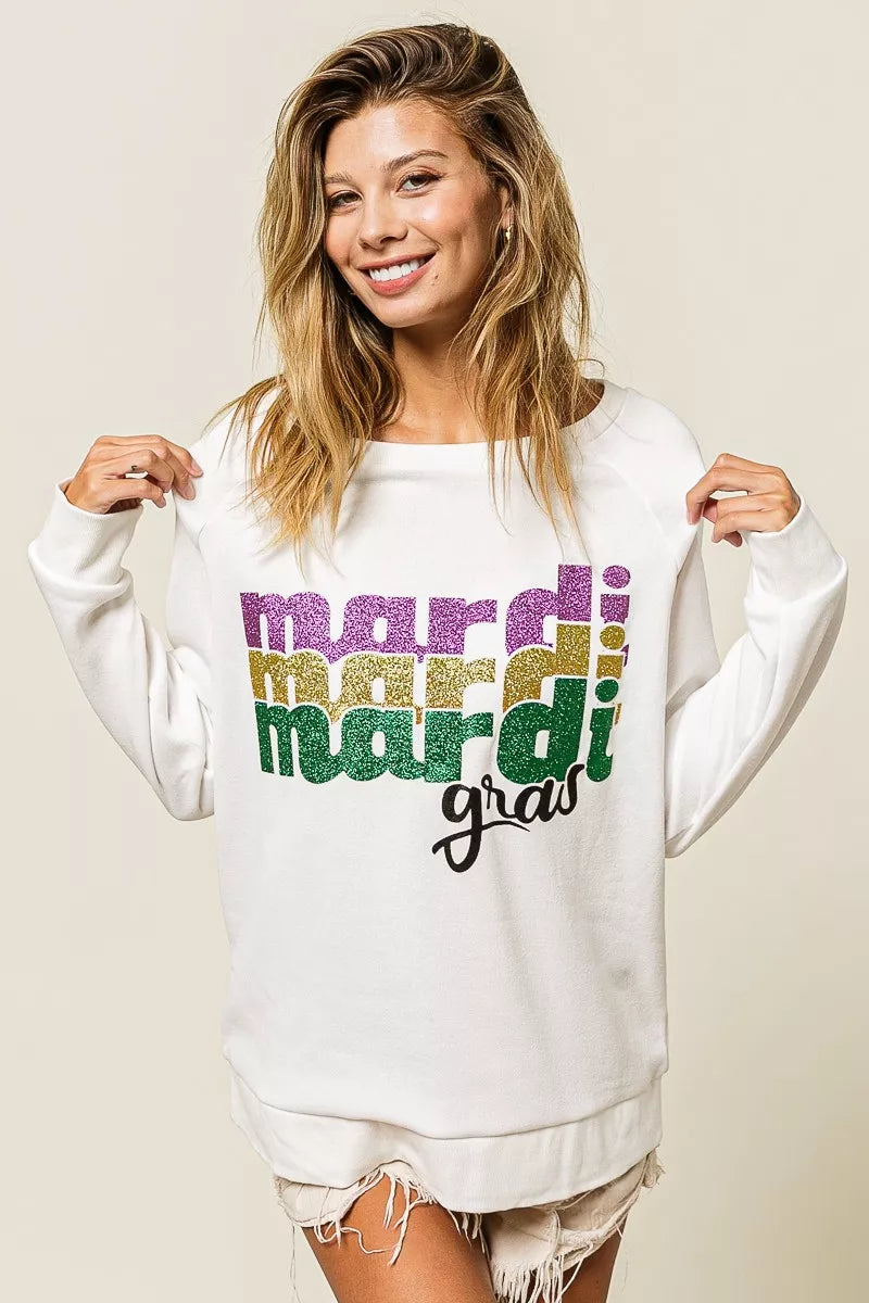 BiBi Mardi Gras Glitter Lettering Sweatshirt