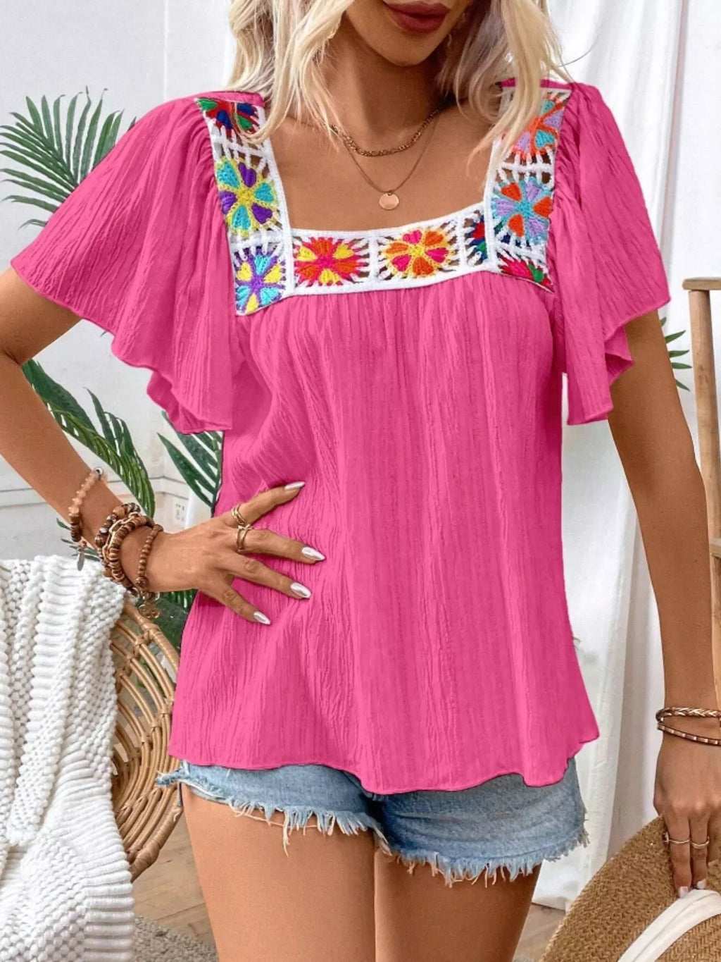 Embroidered Square Neck Flutter Sleeve Blouse
