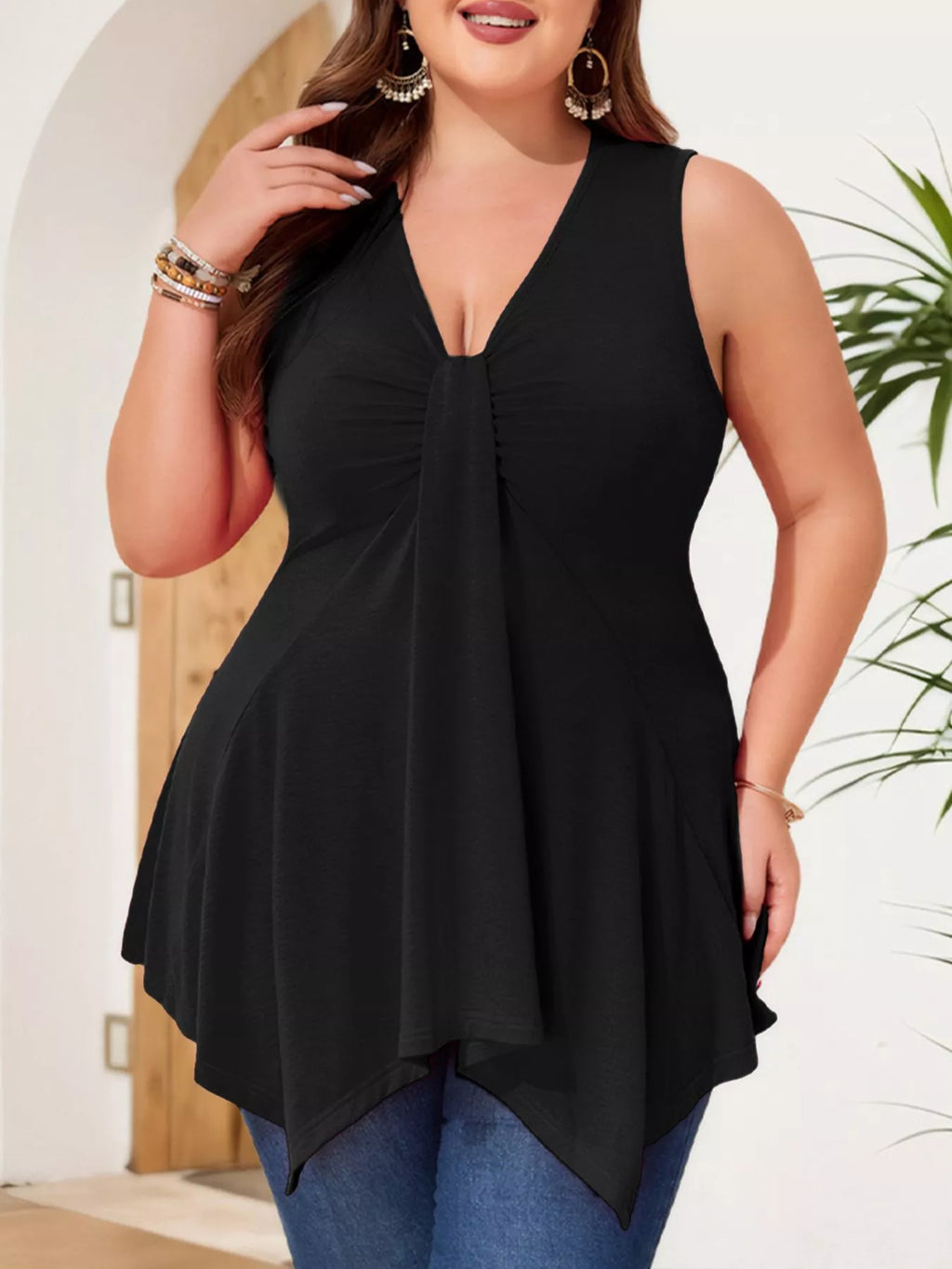 Plus Size V-Neck Ruched Flowy Tank