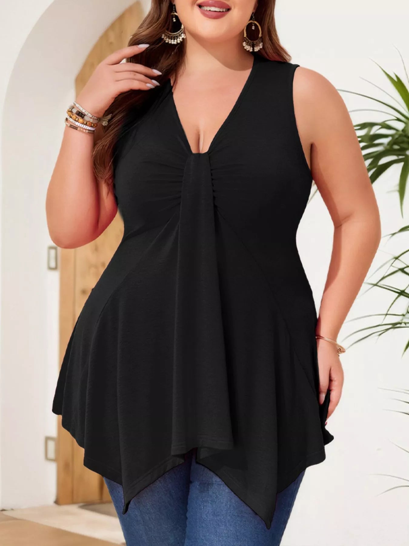 Plus Size V-Neck Ruched Flowy Tank