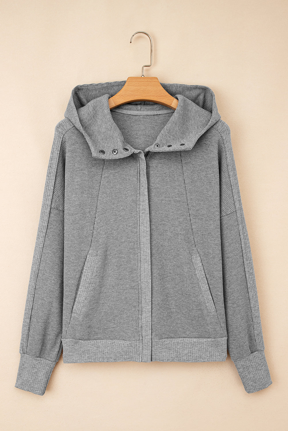 Waffle Zip Up Snap Button Hooded Jacket