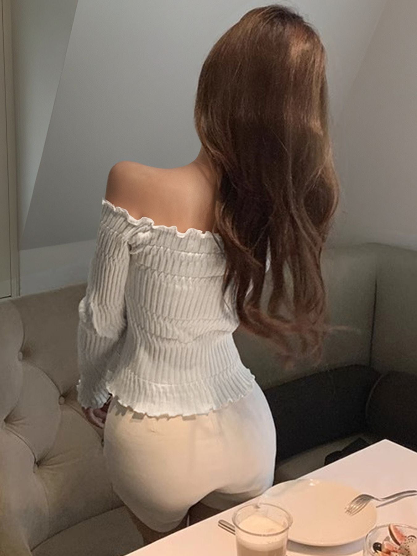 Off-Shoulder Pearl Button Knit Top