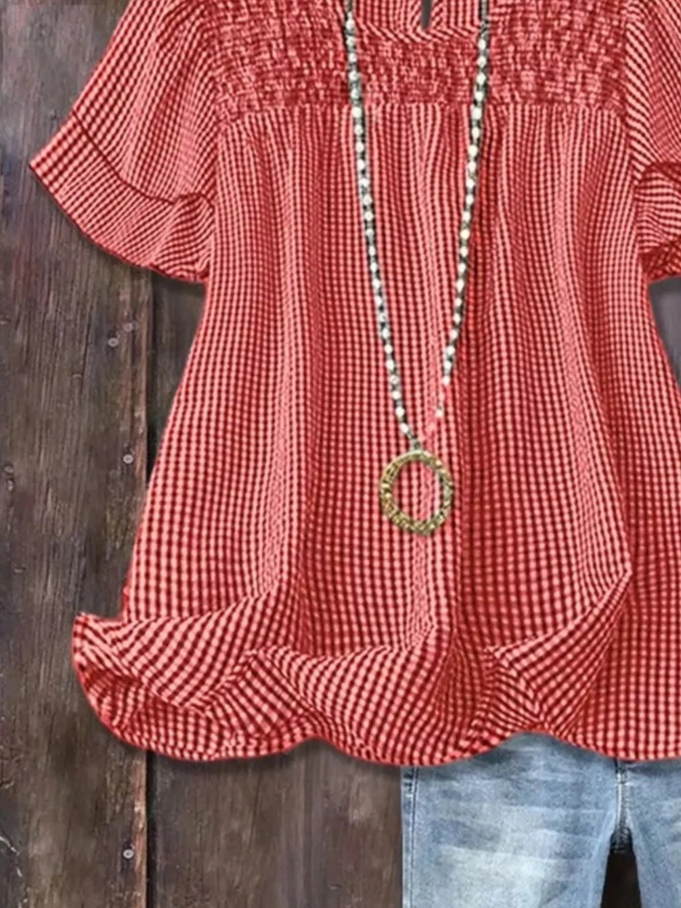 Full Size Gingham Smocked Ruffle Sleeve Blouse Plus Size