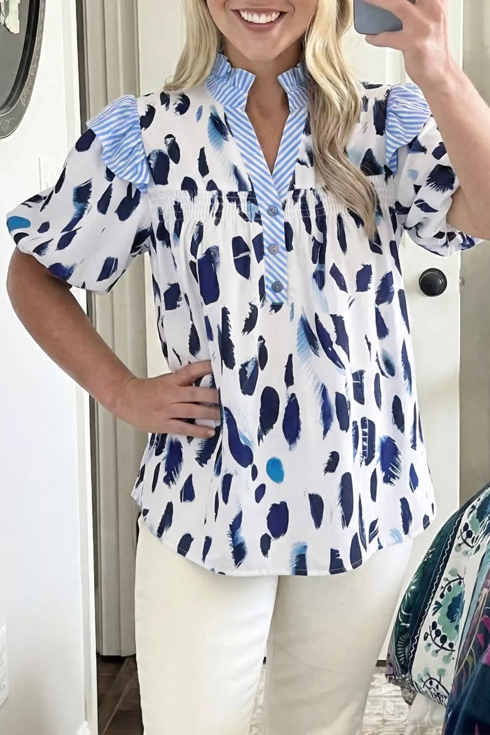 Abstract Animal Print Striped Ruffle Trim V Neck Blouse
