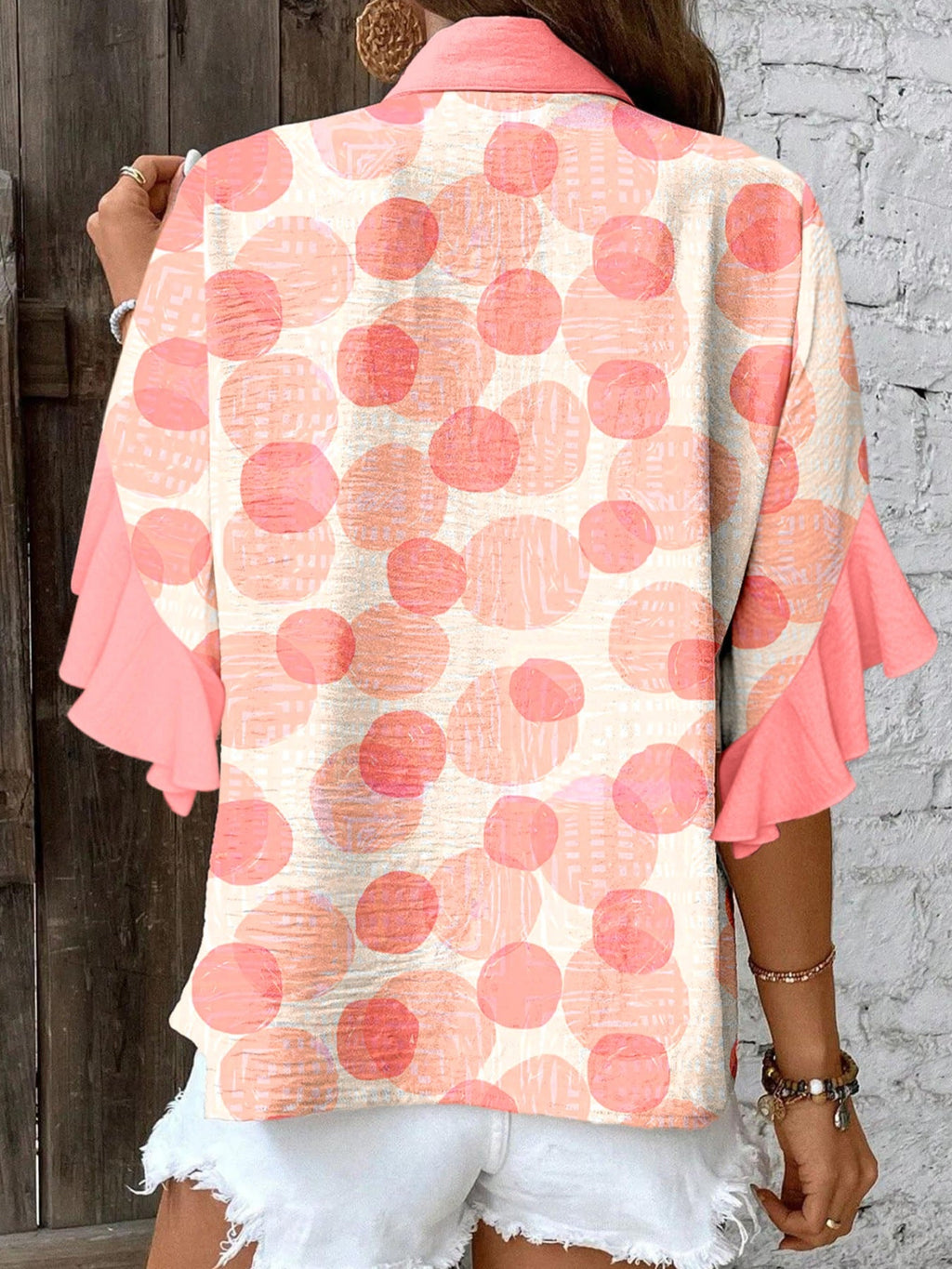 Double Polka Dot Printed Ruffle Trim Short Sleeve Babydoll Shirt