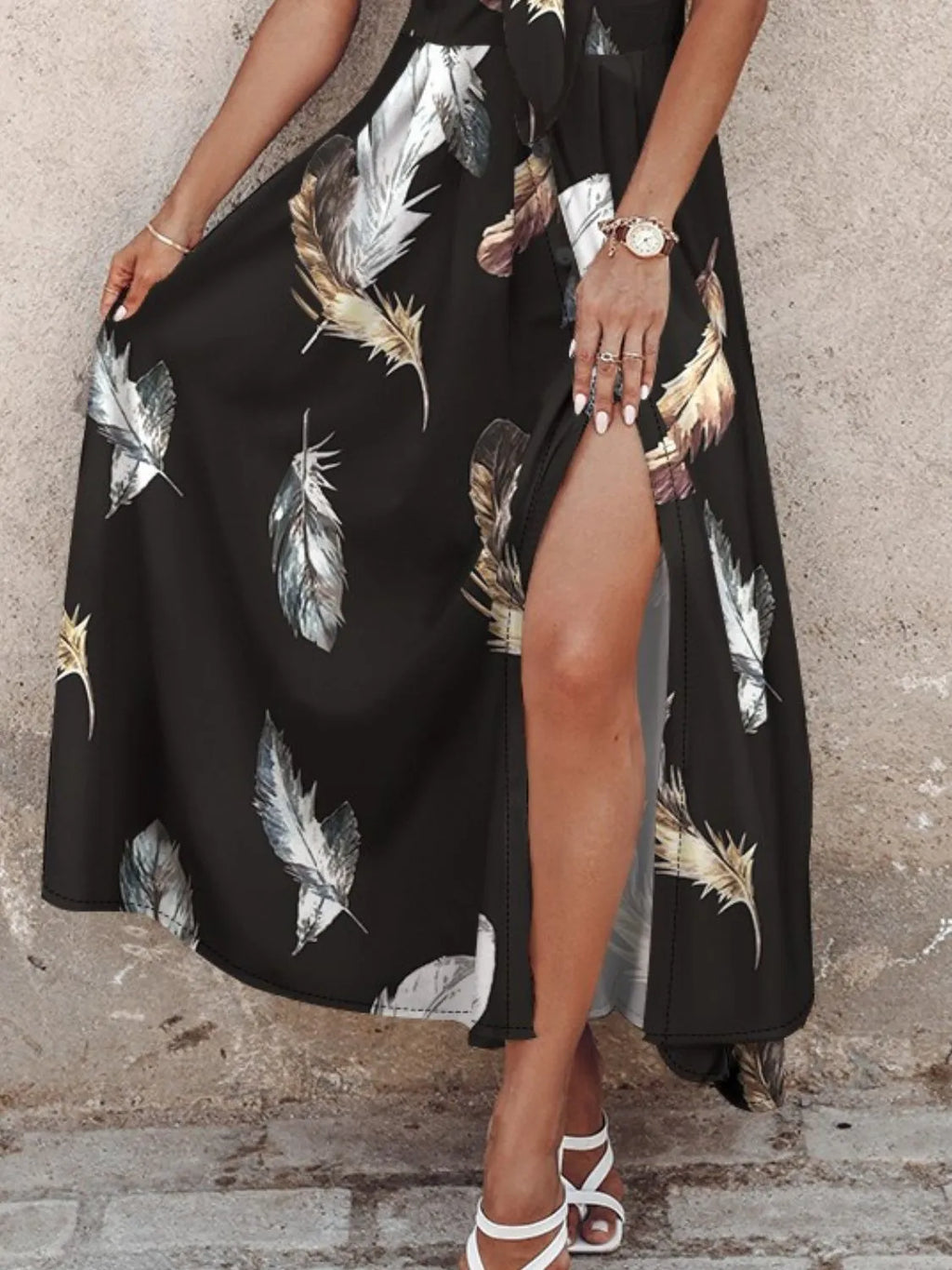 Feather Print Spaghetti Strap Split Dress