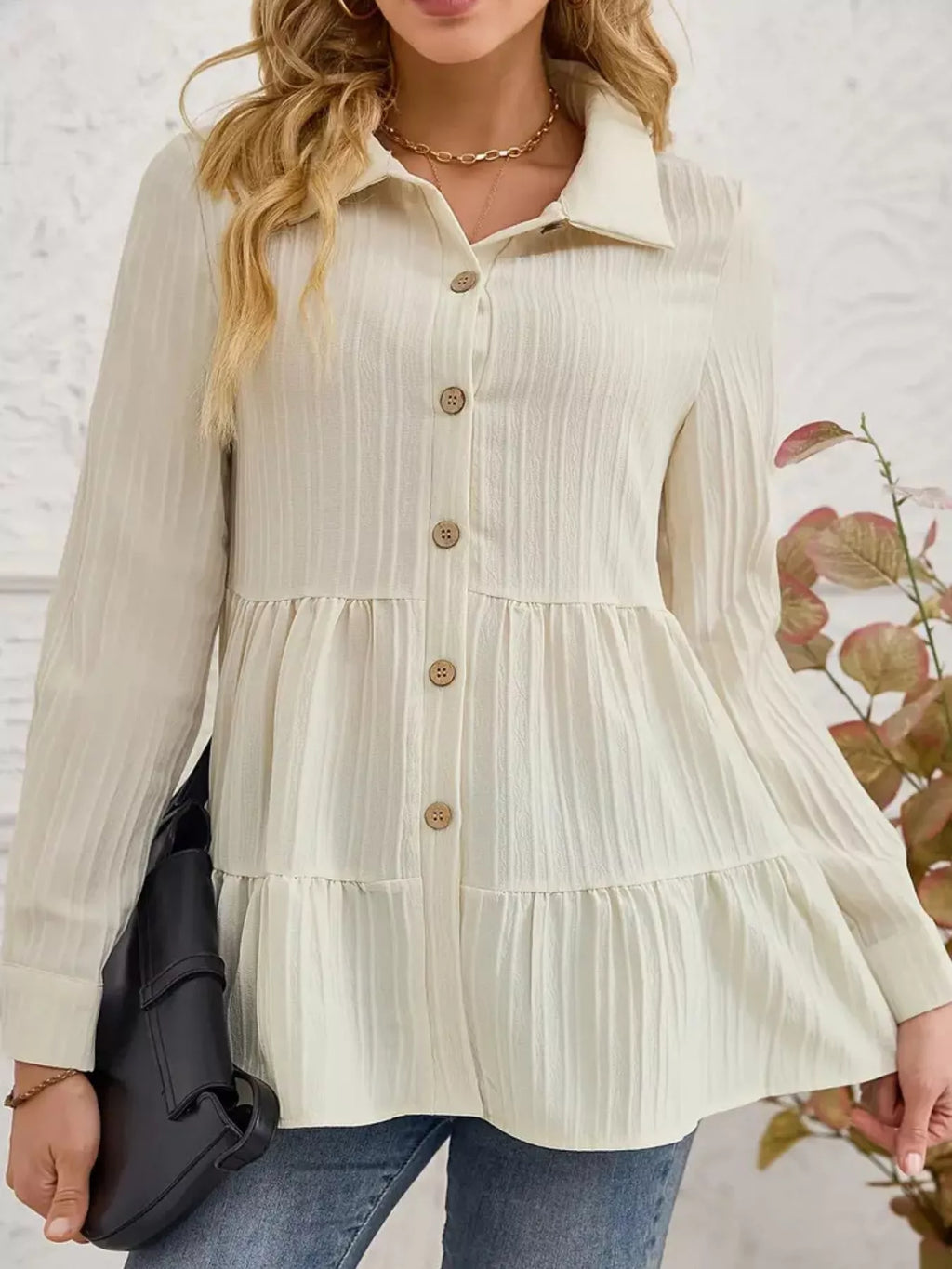Button-Down Long Sleeve Tiered Shirt