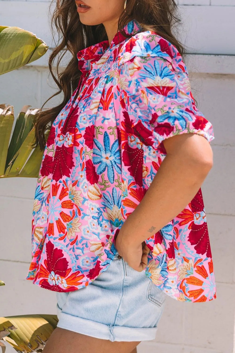 Floral Puff Sleeve Button-Up Top