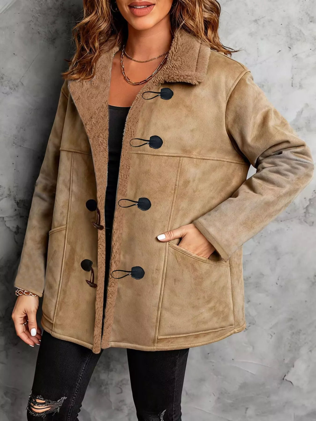 Faux Suede Sherpa Lined Toggle Coat