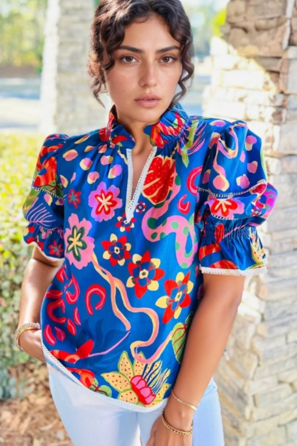 Abstract Print Frilled Collar Ruffled Puff Short Sleeve Top