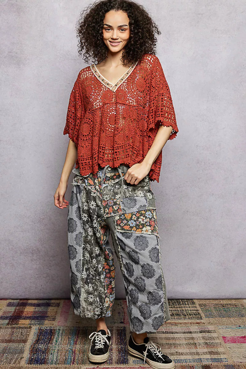 POL V-Neck Crochet Top with Scalloped Hem