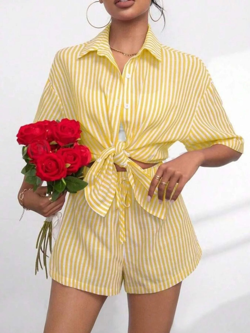 Striped Button Up Shirt and Shorts Casual Set