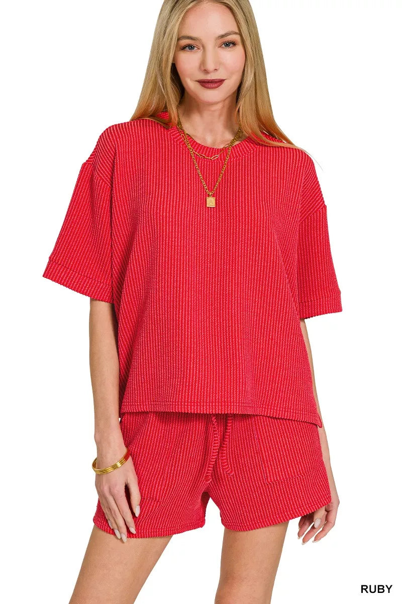 Zenana Raised Rib Short Sleeve Tee and Drawstring Shorts Set