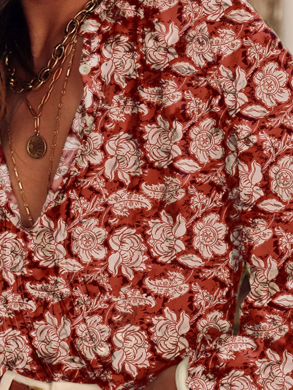 Floral Print Split Neck Pleated Long Sleeve Blouse