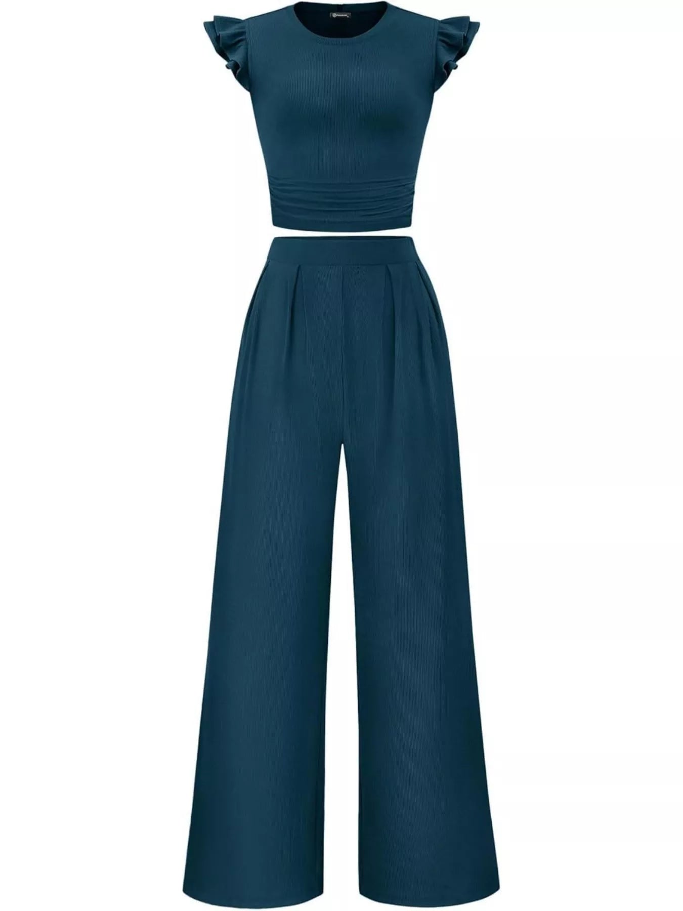 Ruffled Mock Neck Top and Wide Leg Pants Set