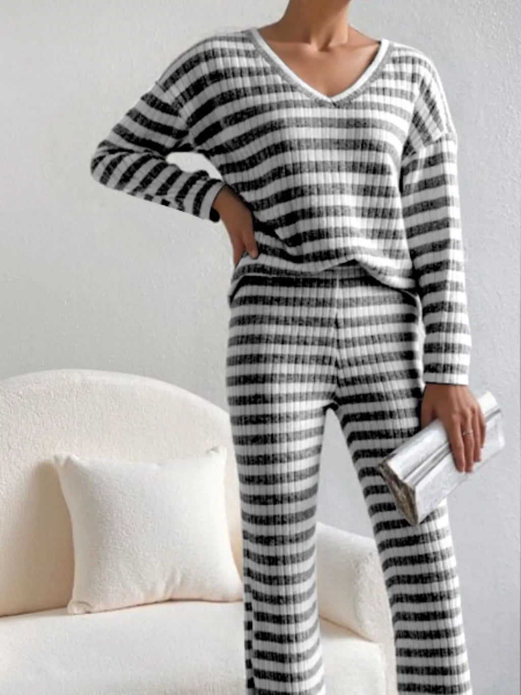 Striped Ribbed Knit Top and Pants Set