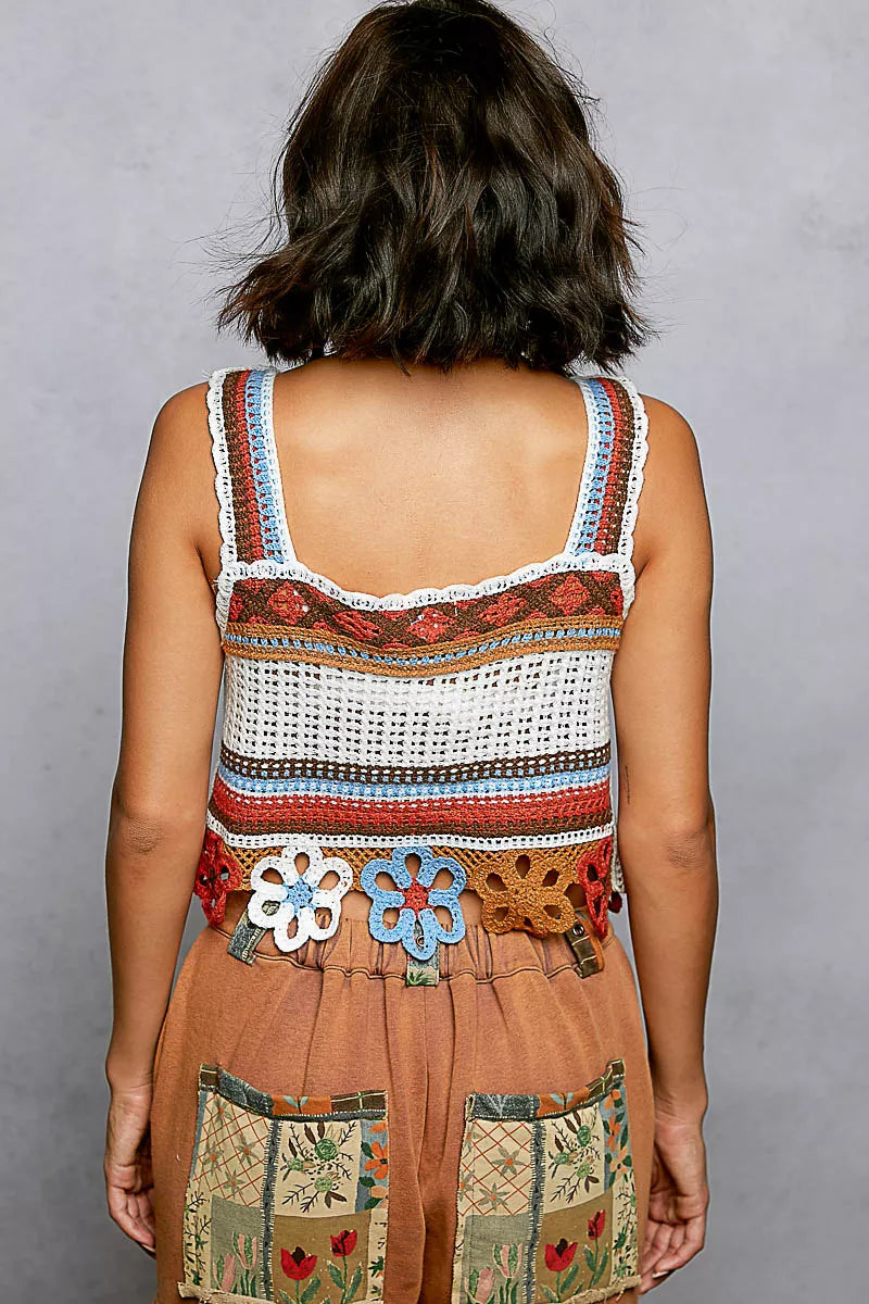 POL Cutout Flower Cropped Crochet Cami with with Dangle Detail