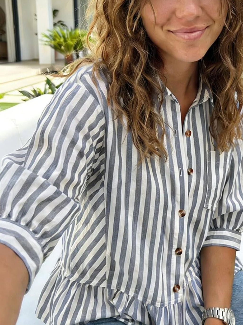Striped Ruffle Hem Button-Down Shirt
