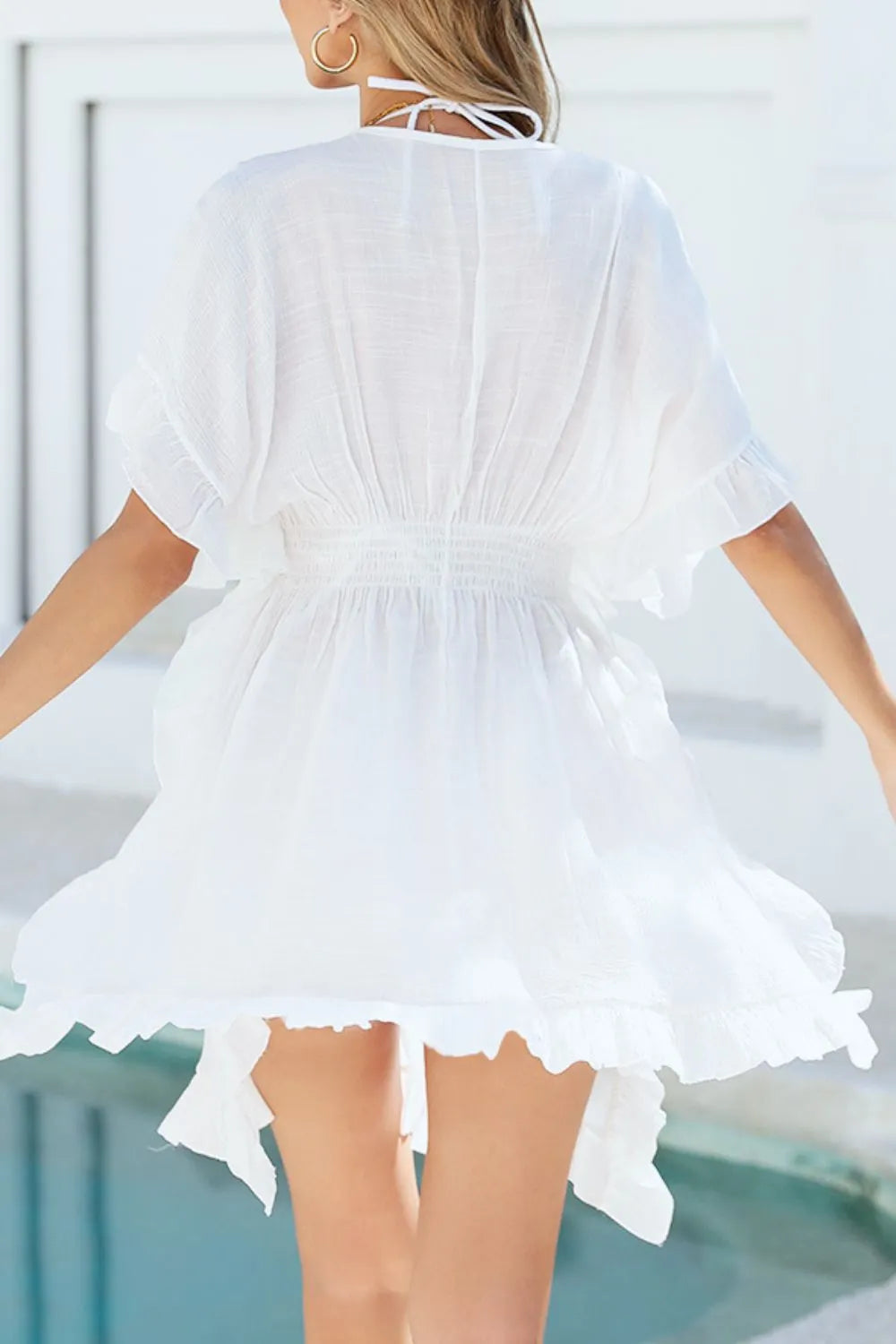 Ruffled Smocked Waist V-Neck Cover-Up