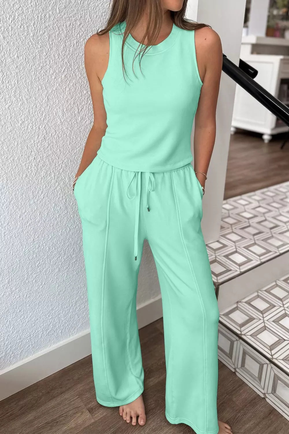 Drawstring Elastic Waistband Solid Color Two Piece Casual Set