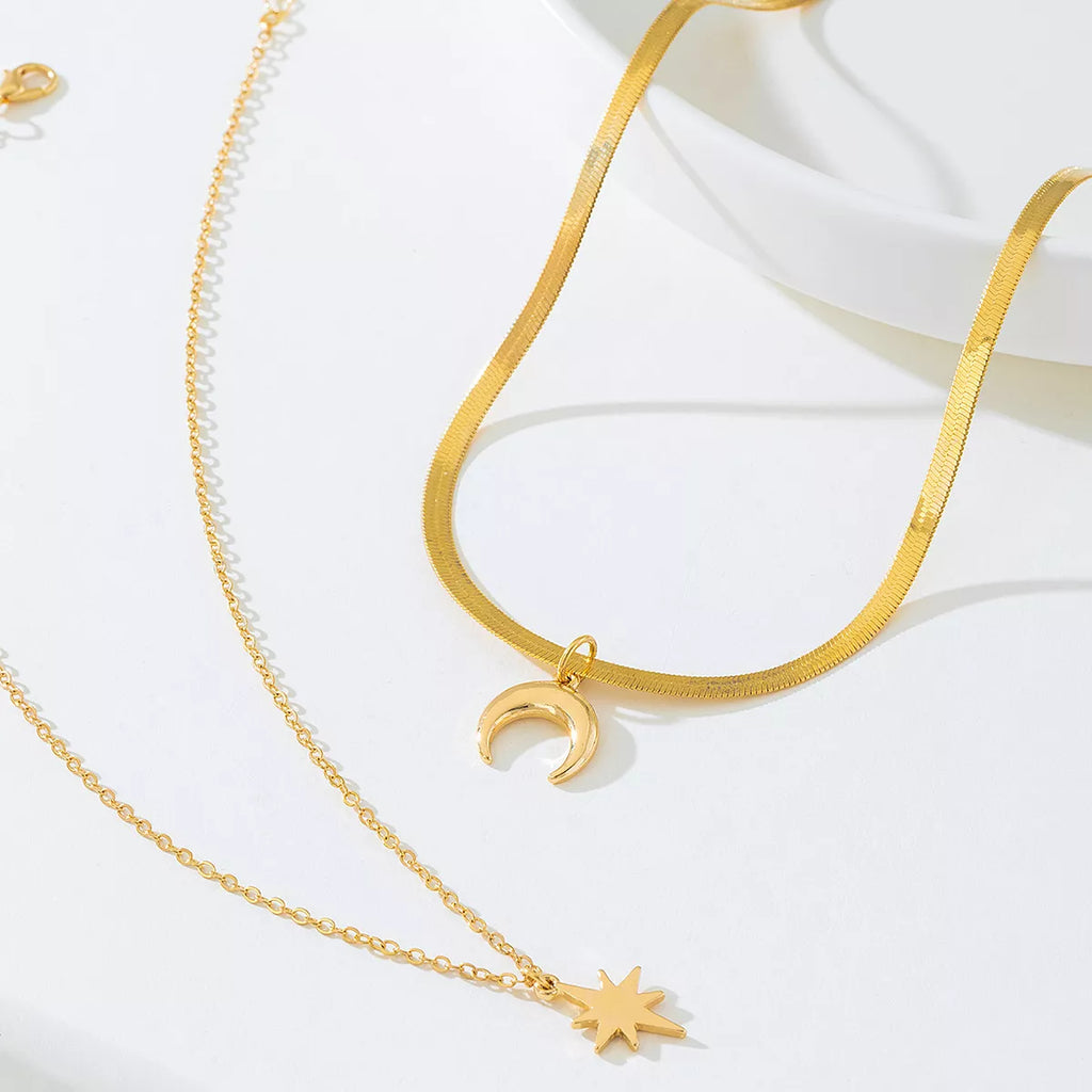 2 Piece 18K Gold-Plated Moon & Star Necklace
