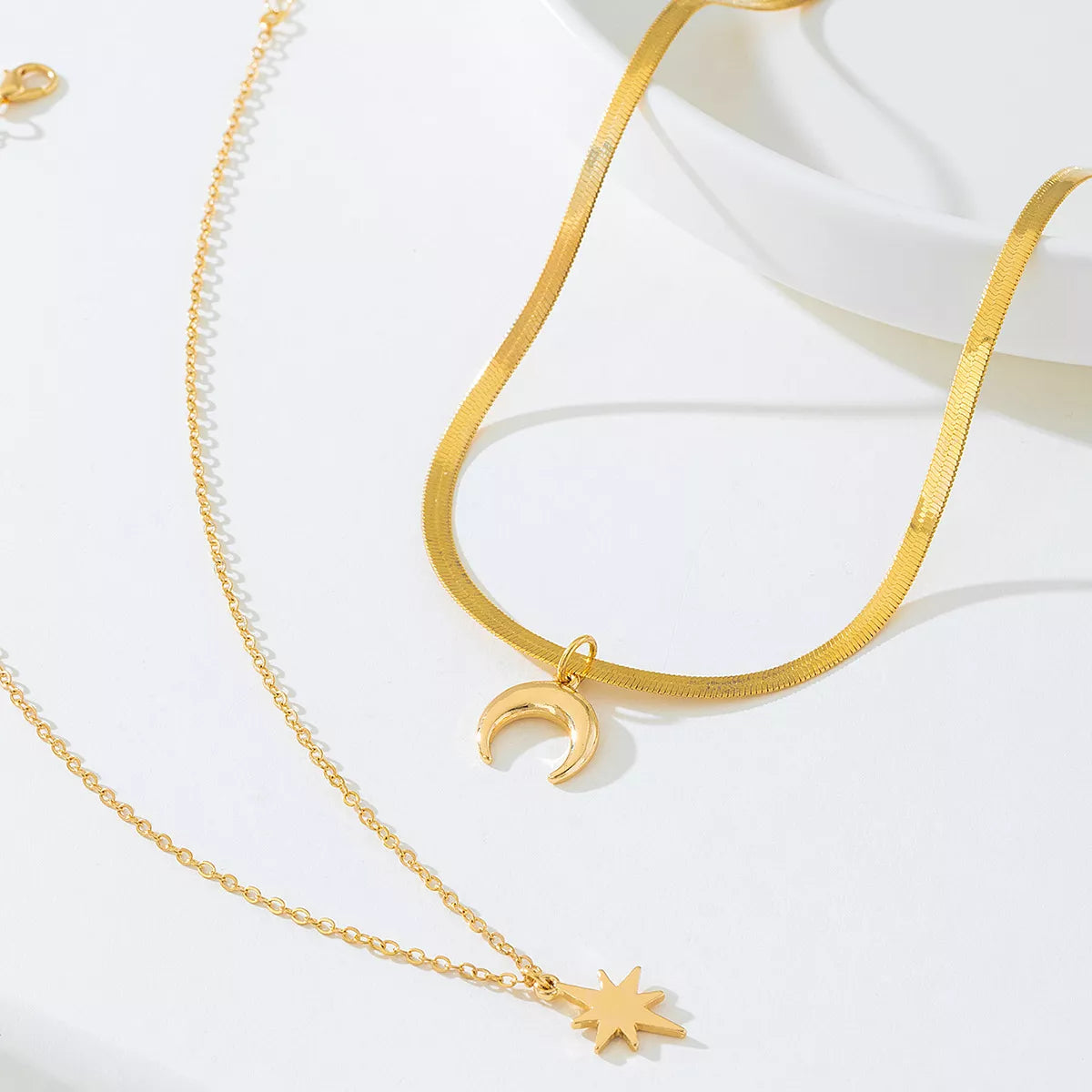2 Piece 18K Gold-Plated Moon & Star Necklace