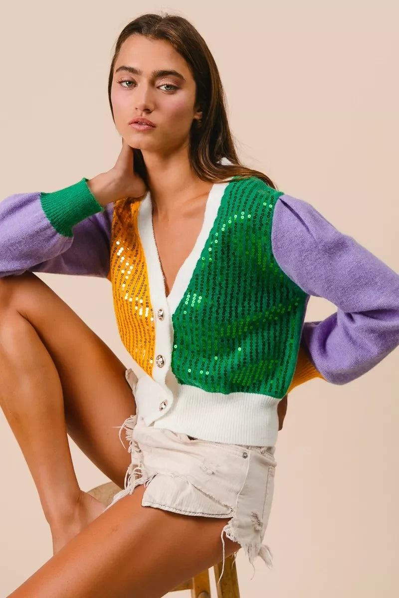 BiBi Mardi Gras Color Block Sequin Sweater Cardigan