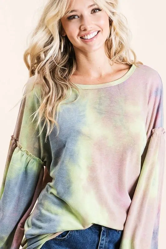 BiBi Tie Dye French Terry Sweatshirt With Bubble Sleeves