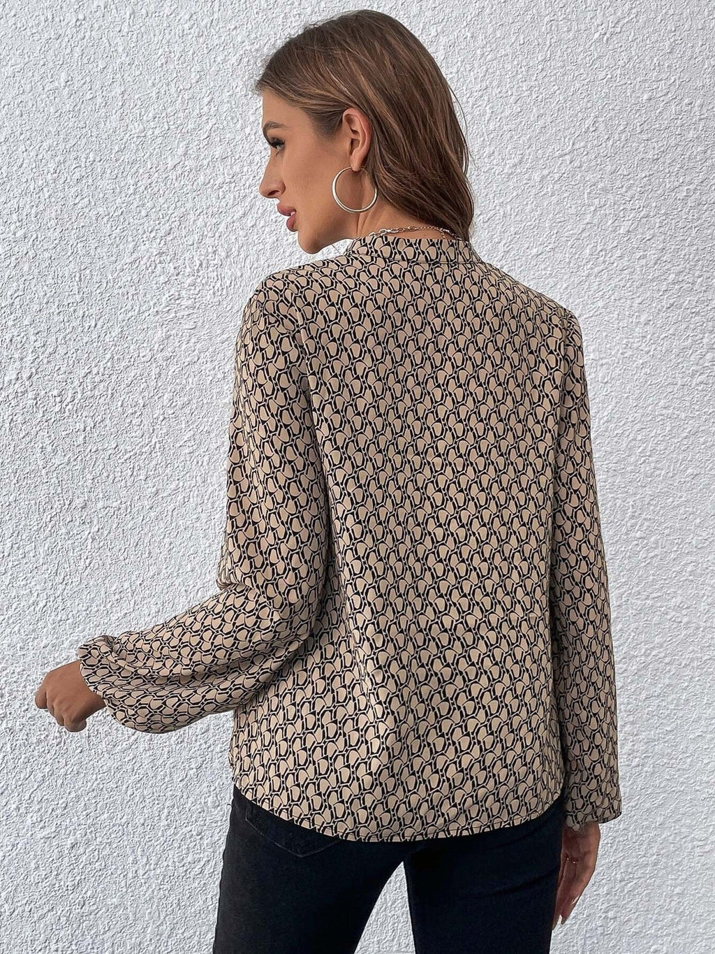 Printed Notched Balloon Sleeve Blouse