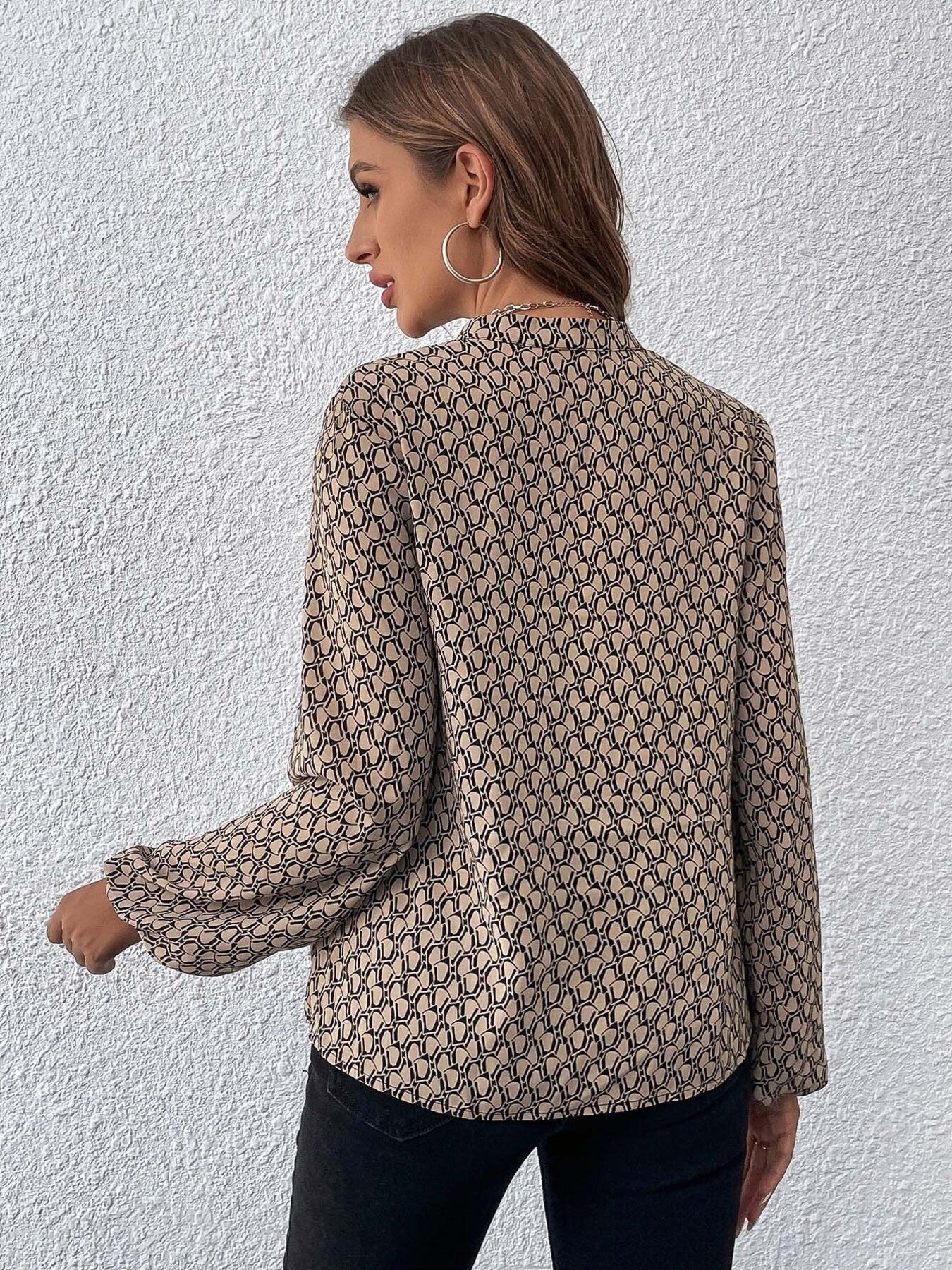 Printed Notched Balloon Sleeve Blouse
