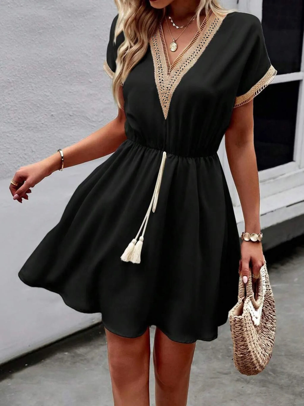 V-Neck Short Sleeve Mini Dress