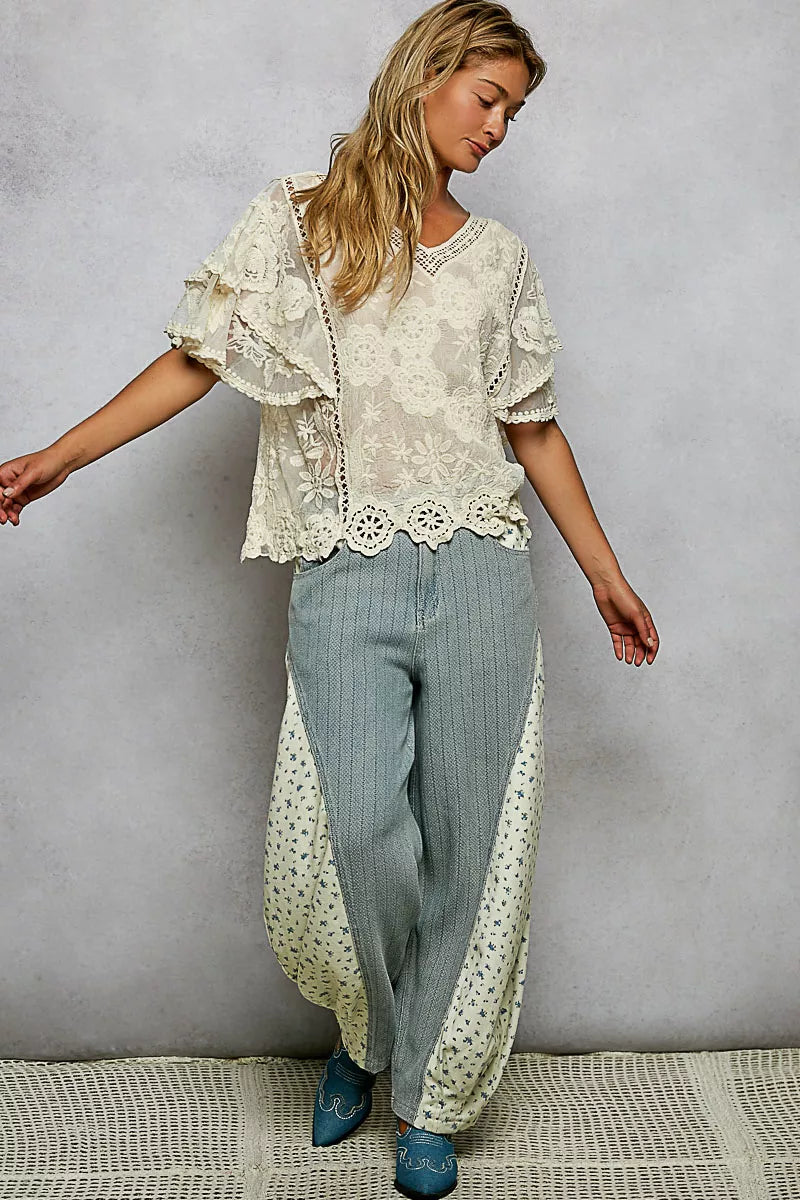 POL Floral Crochet V-Neck Short Sleeve Blouse with Scalloped Hem