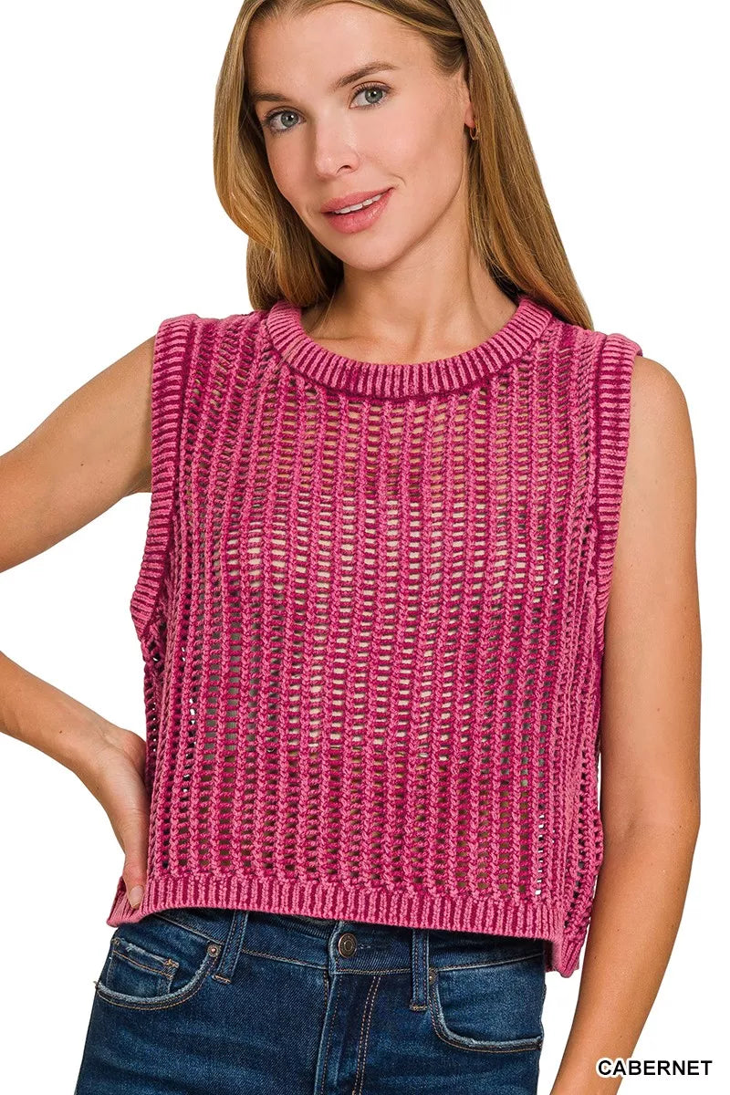 Zenana Acid Washed Fishnet Sweater Vest