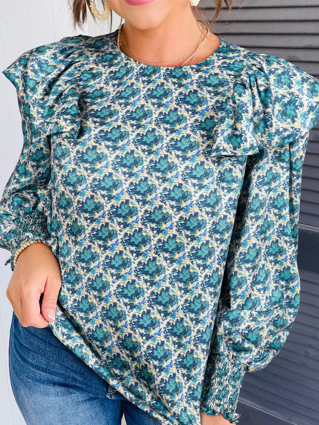 Abstract Print Shirred Cuff Ruffled Puff Sleeve Blouse