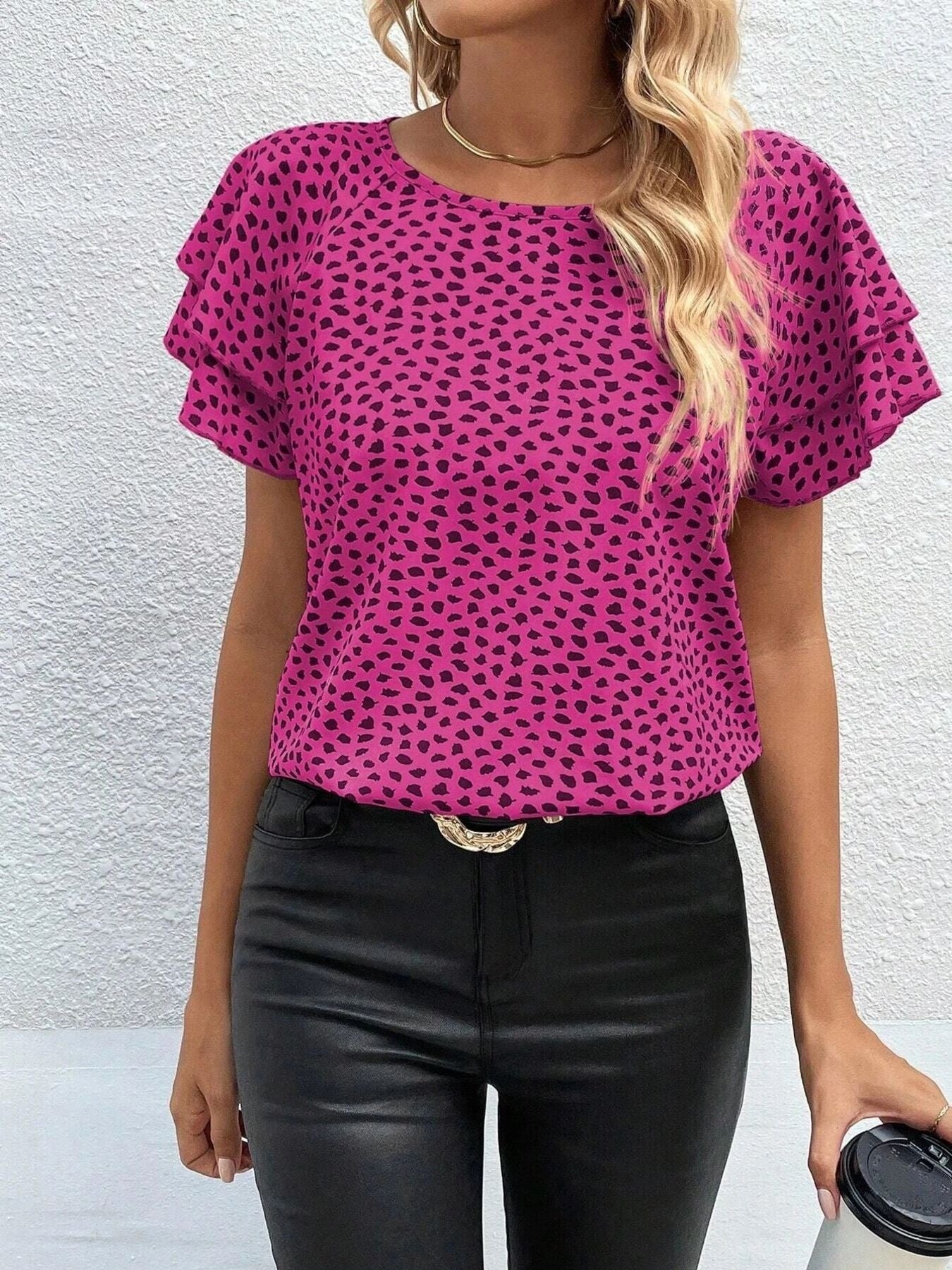Animal Print Ruffle Sleeve Blouse