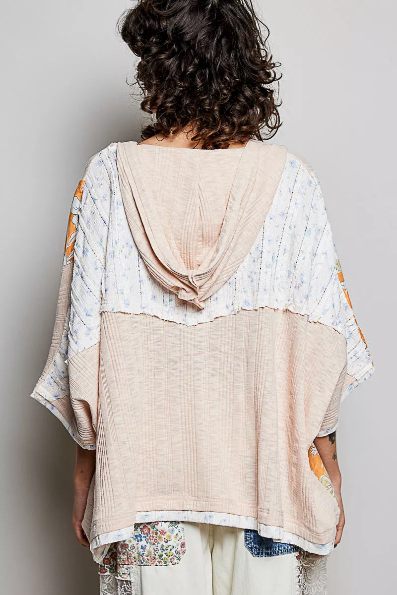 POL Floral Star Patch Hooded Blouse with Lace Contrast Detail