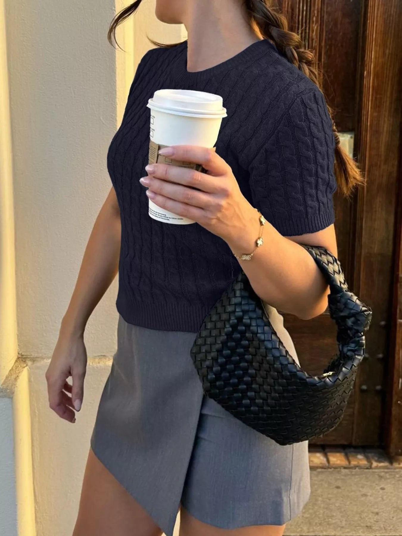 Cable-Knit Short Sleeve Sweater